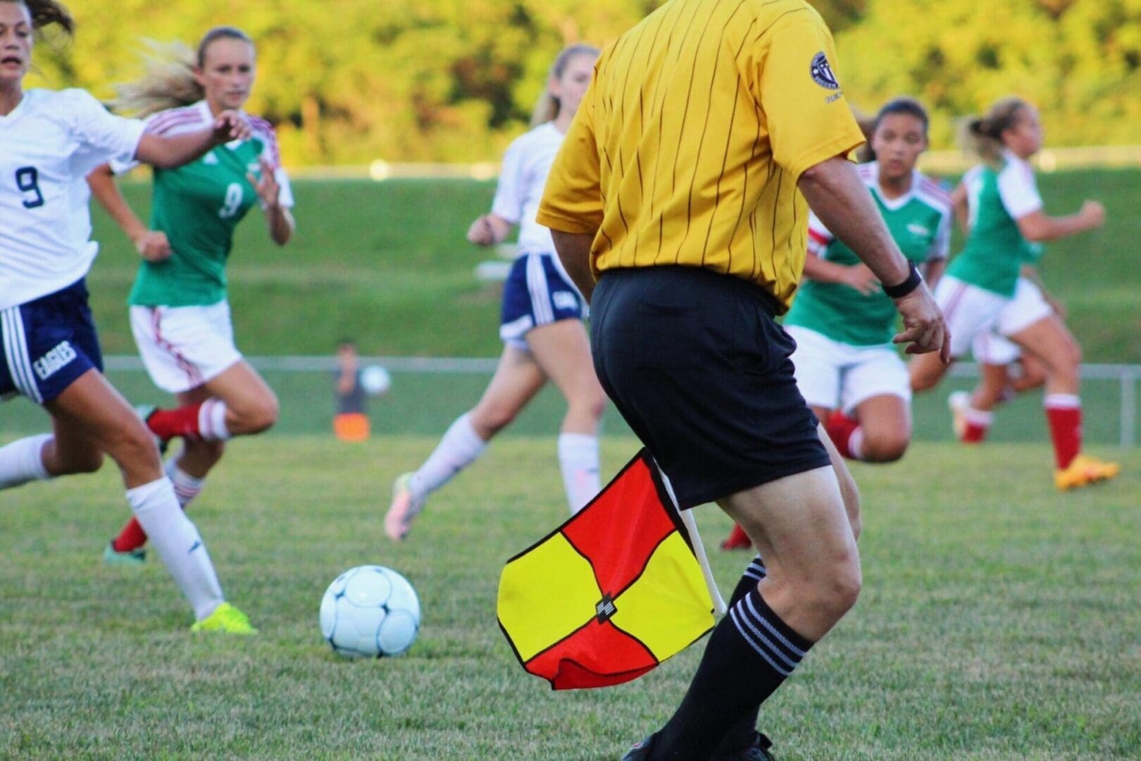 A referee is standing in front of the soccer ball.